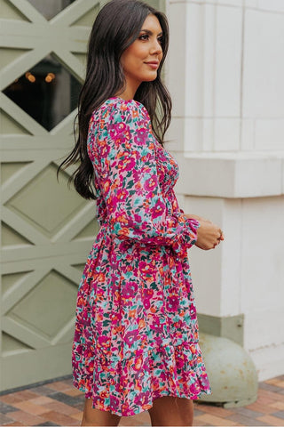 Floral Smocked V-Neck Flounce Sleeve Dress - SwagglyLife Home & Fashion