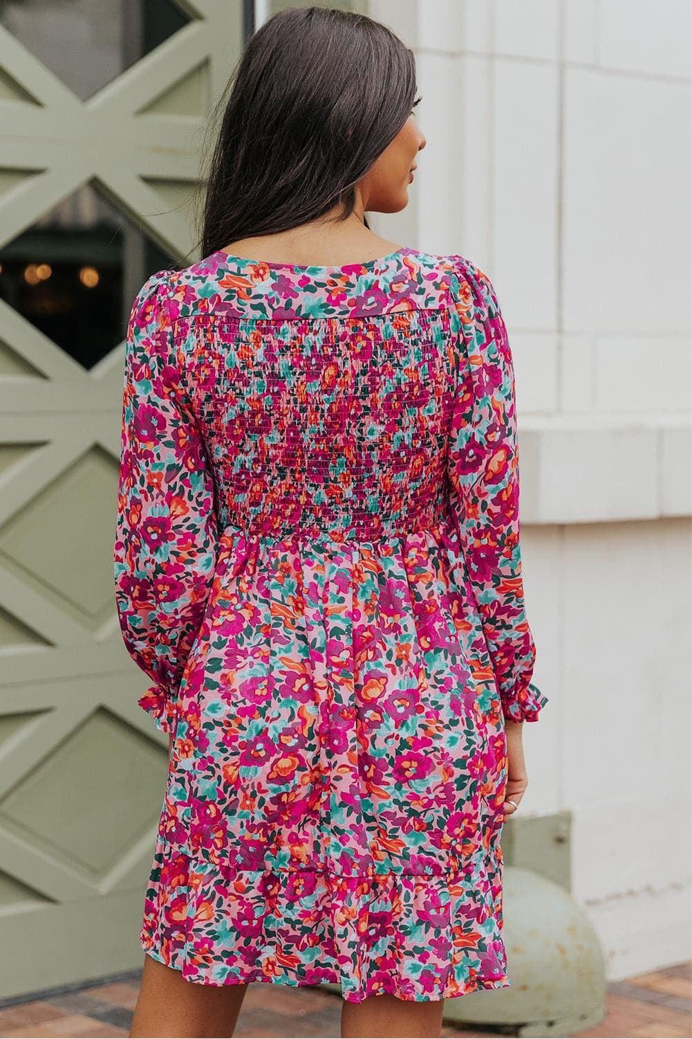 Floral Smocked V-Neck Flounce Sleeve Dress - SwagglyLife Home & Fashion