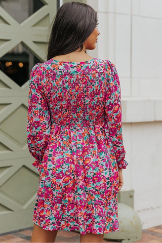 Floral Smocked V-Neck Flounce Sleeve Dress - SwagglyLife Home & Fashion