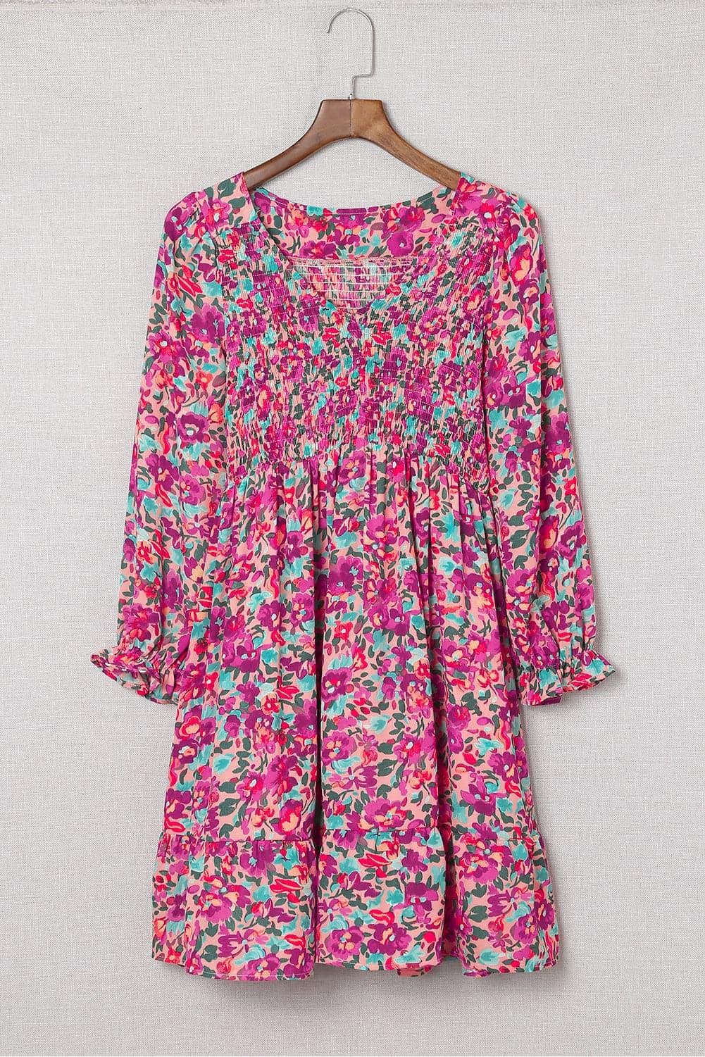 Floral Smocked V-Neck Flounce Sleeve Dress - SwagglyLife Home & Fashion