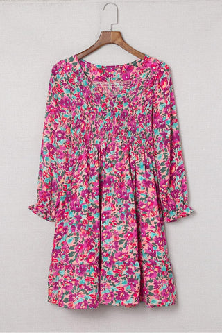 Floral Smocked V-Neck Flounce Sleeve Dress - SwagglyLife Home & Fashion