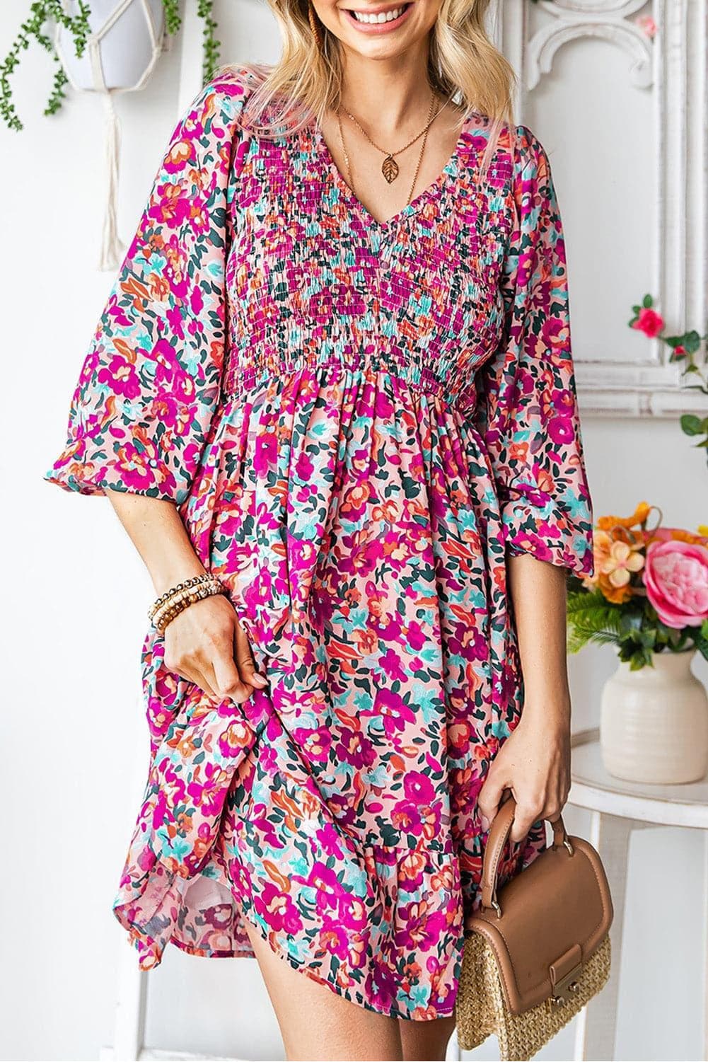 Floral Smocked V-Neck Flounce Sleeve Dress - SwagglyLife Home & Fashion