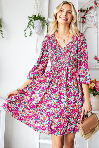 Floral Smocked V-Neck Flounce Sleeve Dress - SwagglyLife Home & Fashion