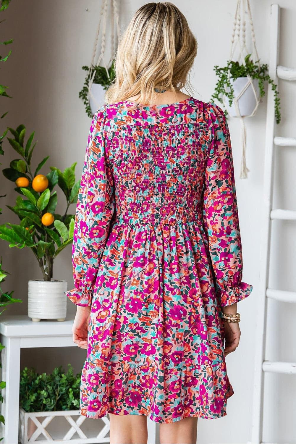 Floral Smocked V-Neck Flounce Sleeve Dress - SwagglyLife Home & Fashion