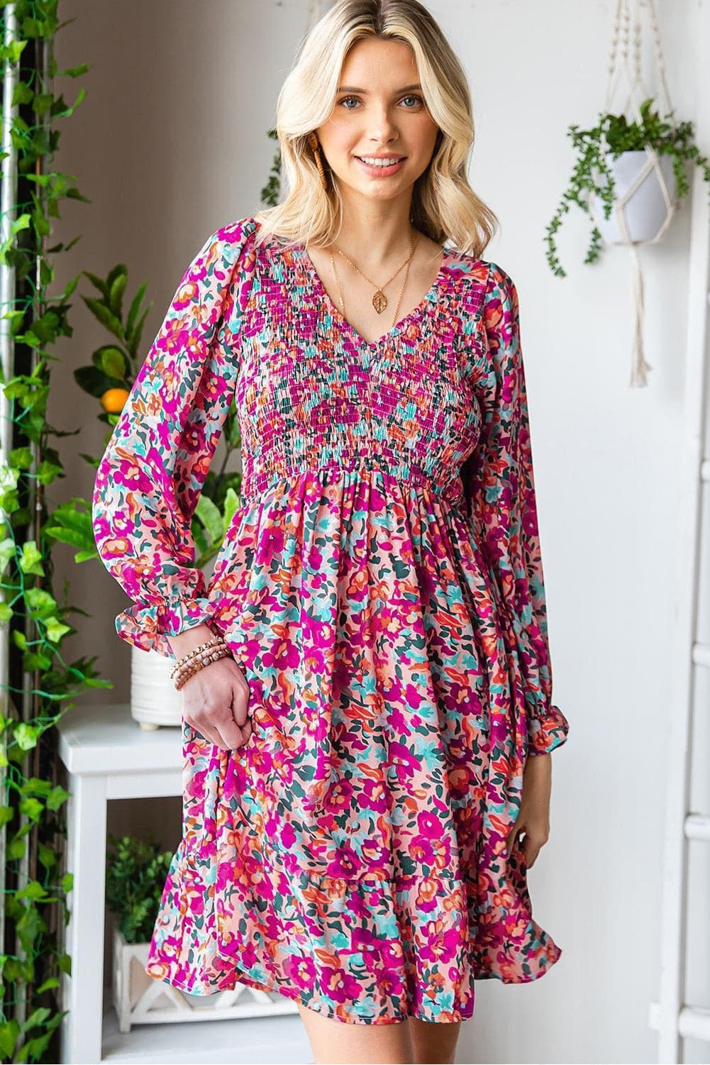 Floral Smocked V-Neck Flounce Sleeve Dress - SwagglyLife Home & Fashion