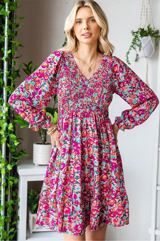 Floral Smocked V-Neck Flounce Sleeve Dress - SwagglyLife Home & Fashion