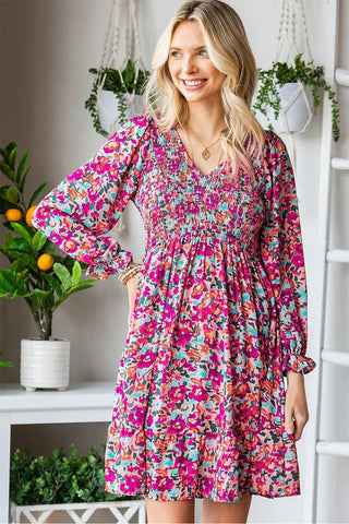 Floral Smocked V-Neck Flounce Sleeve Dress - SwagglyLife Home & Fashion