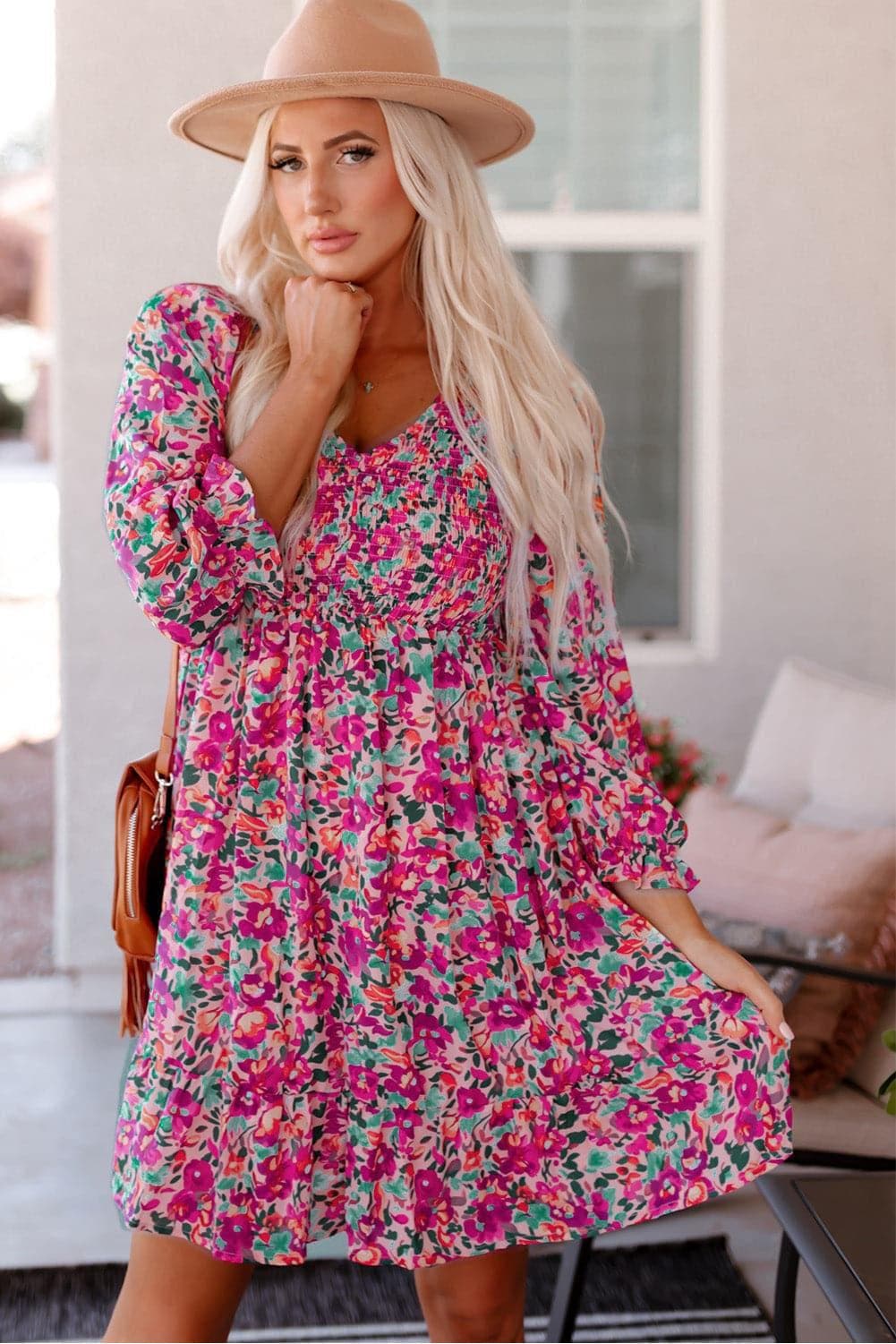 Floral Smocked V-Neck Flounce Sleeve Dress - SwagglyLife Home & Fashion