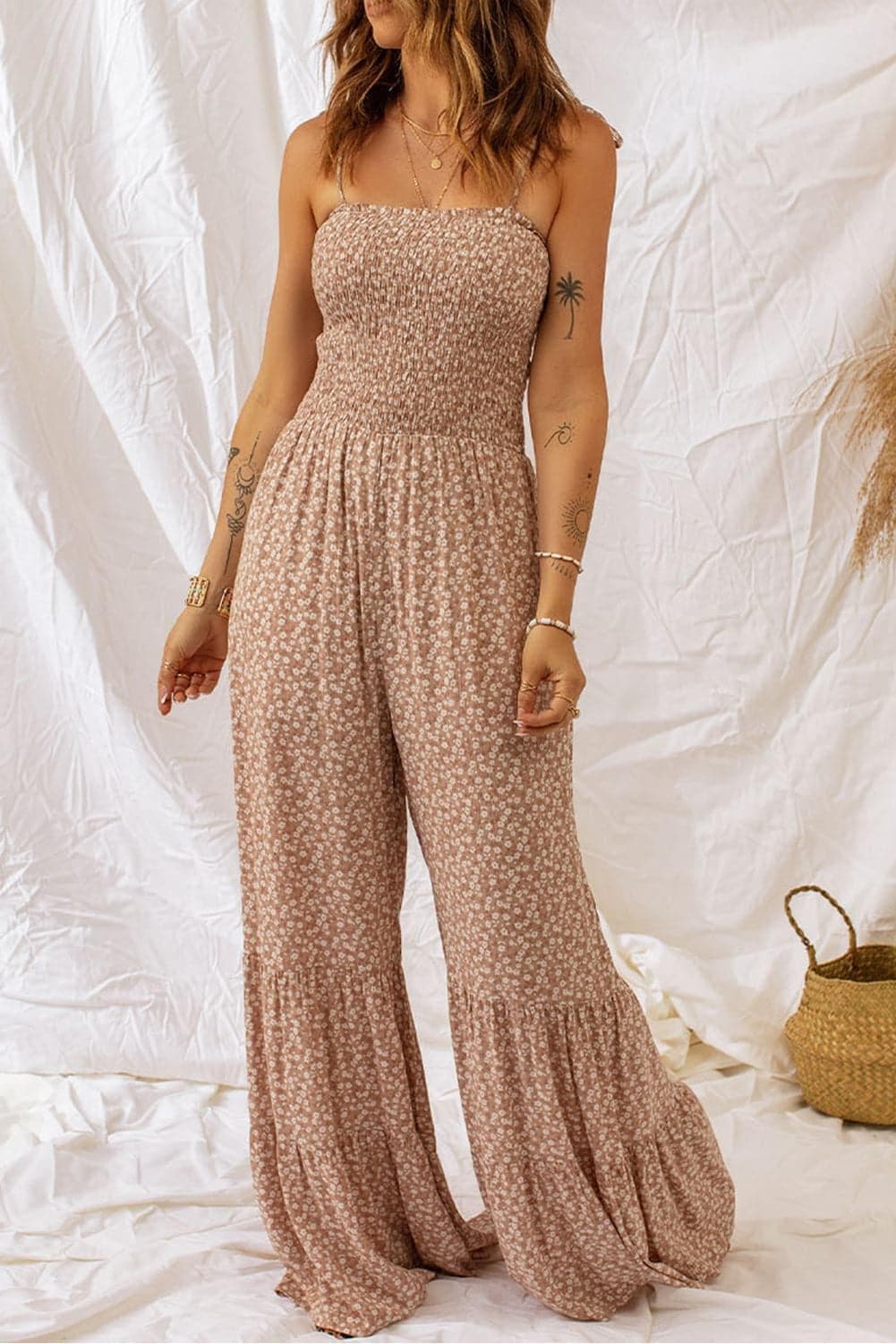 Floral Spaghetti Strap Smocked Wide Leg Jumpsuit - SwagglyLife Home & Fashion