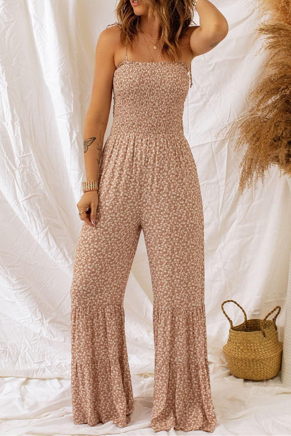Floral Spaghetti Strap Smocked Wide Leg Jumpsuit - SwagglyLife Home & Fashion