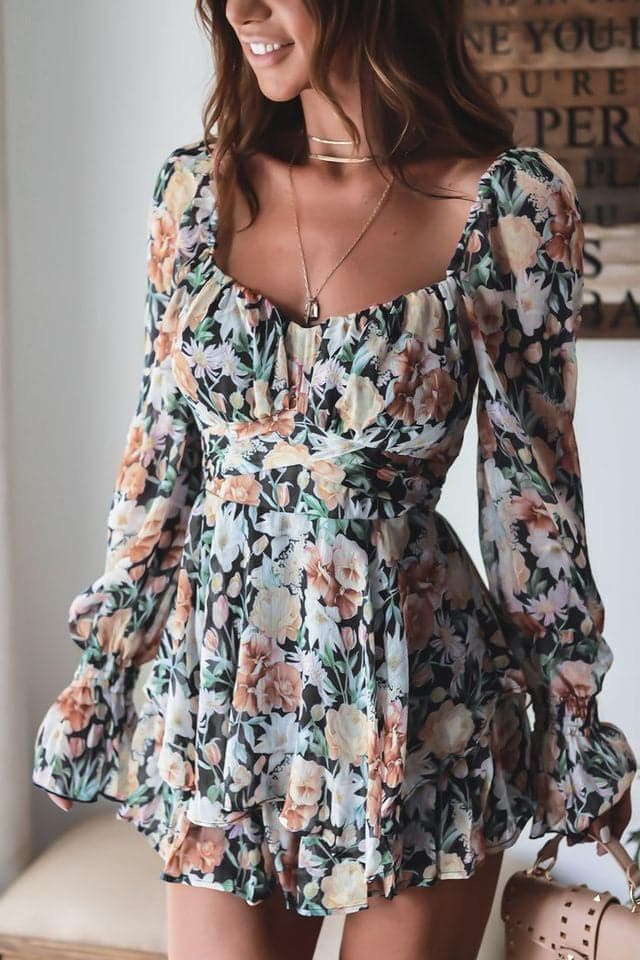 Floral Sweetheart Neck Flounce Sleeve Romper - SwagglyLife Home & Fashion