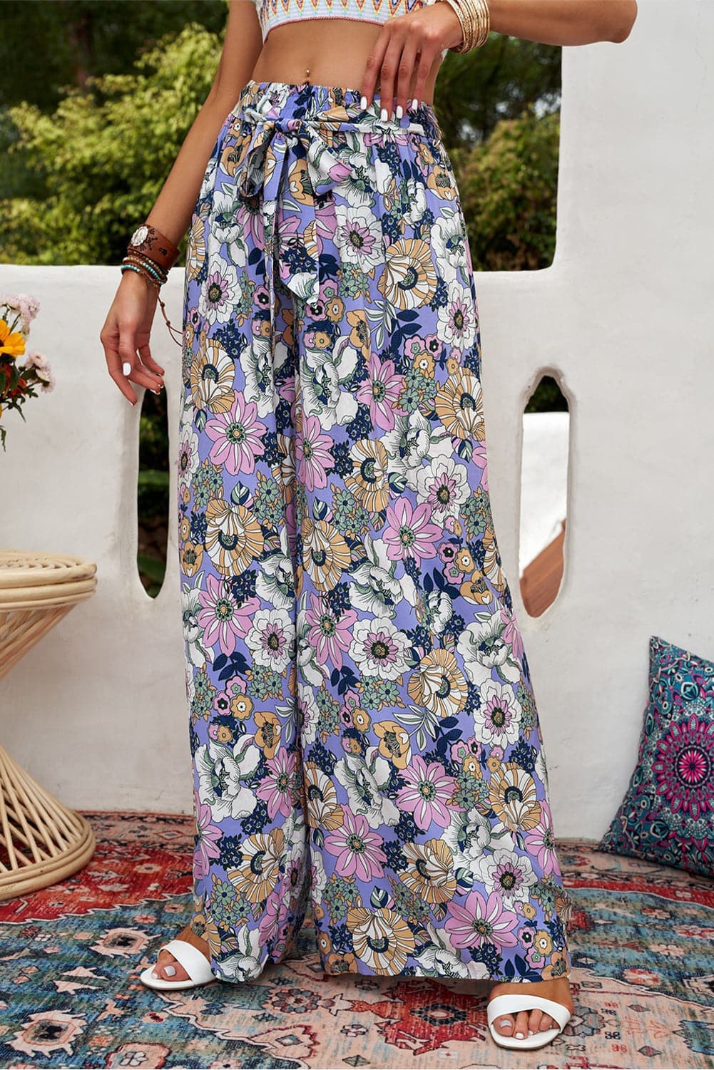 Floral Tie Belt Wide Leg Pants - SwagglyLife Home & Fashion