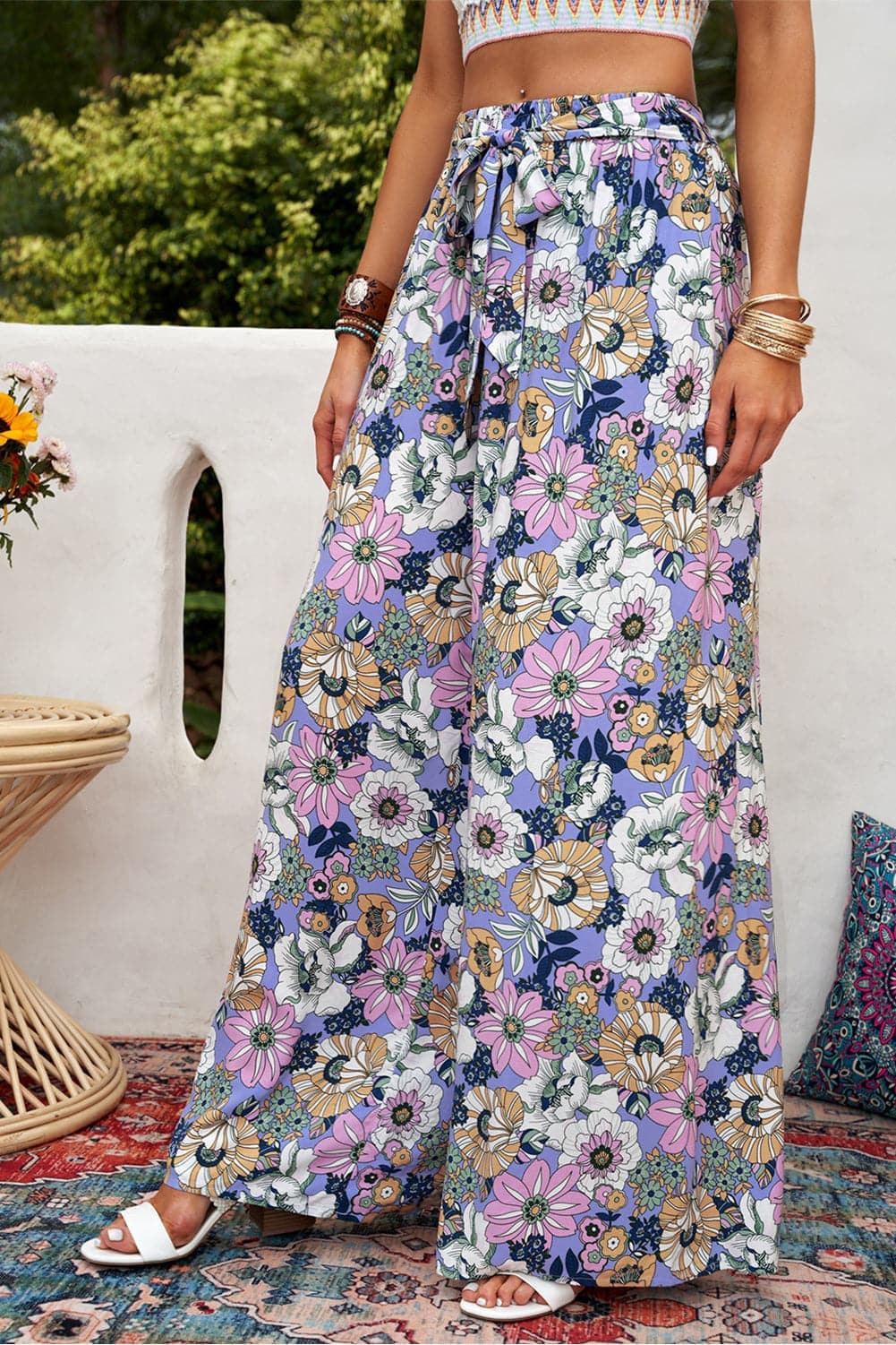 Floral Tie Belt Wide Leg Pants - SwagglyLife Home & Fashion