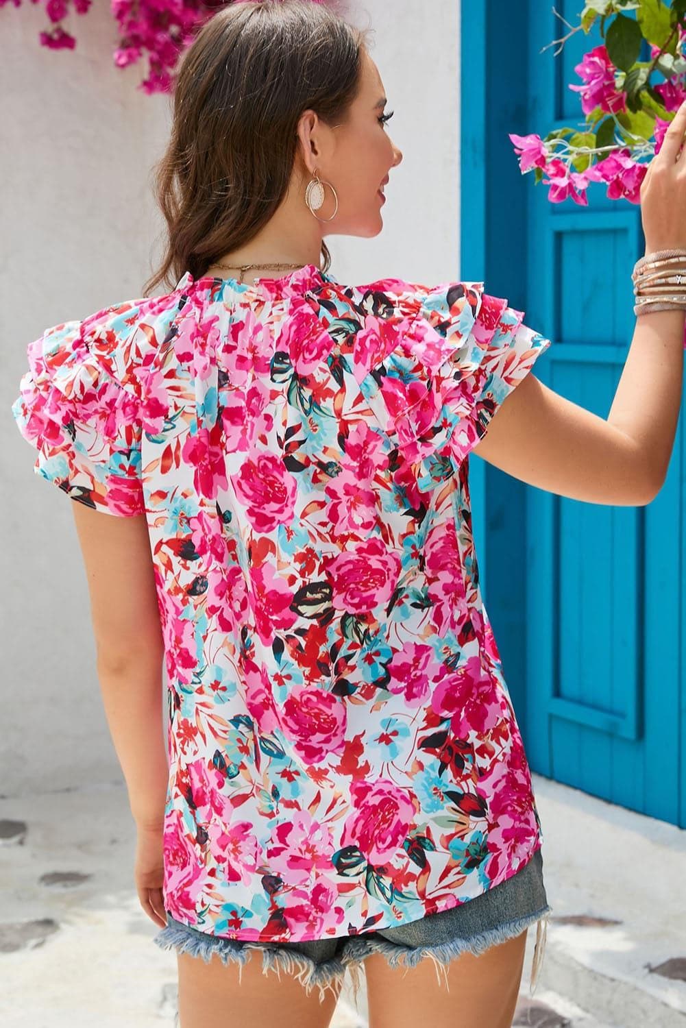 Floral Tie Neck Flutter Sleeve Blouse - SwagglyLife Home & Fashion