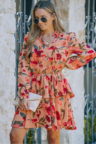 Floral Tie Neck Long Sleeve Layered Dress - SwagglyLife Home & Fashion