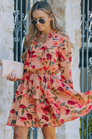 Floral Tie Neck Long Sleeve Layered Dress - SwagglyLife Home & Fashion