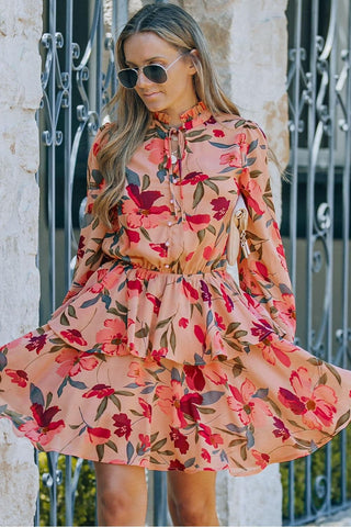 Floral Tie Neck Long Sleeve Layered Dress - SwagglyLife Home & Fashion