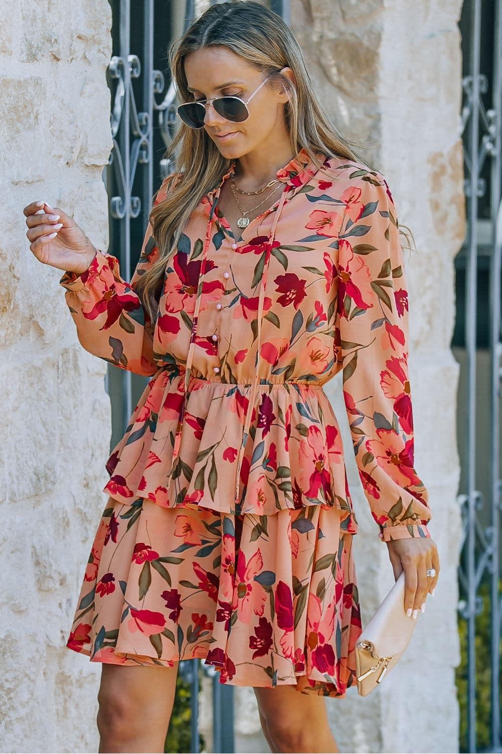 Floral Tie Neck Long Sleeve Layered Dress - SwagglyLife Home & Fashion