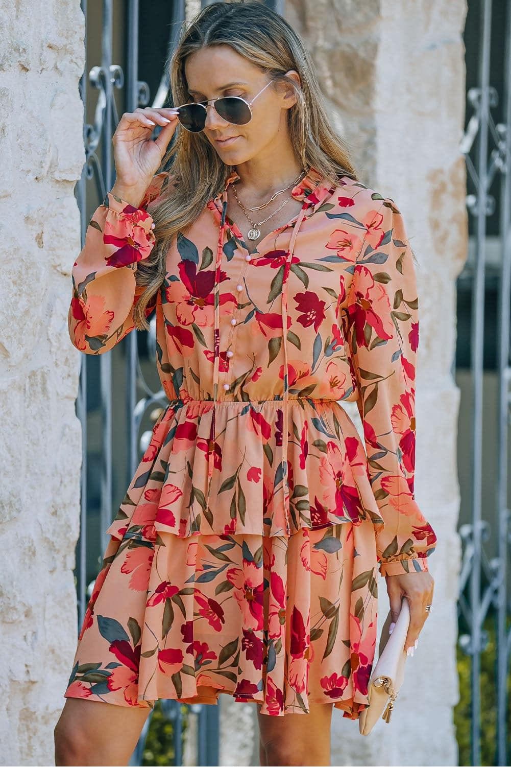 Floral Tie Neck Long Sleeve Layered Dress - SwagglyLife Home & Fashion