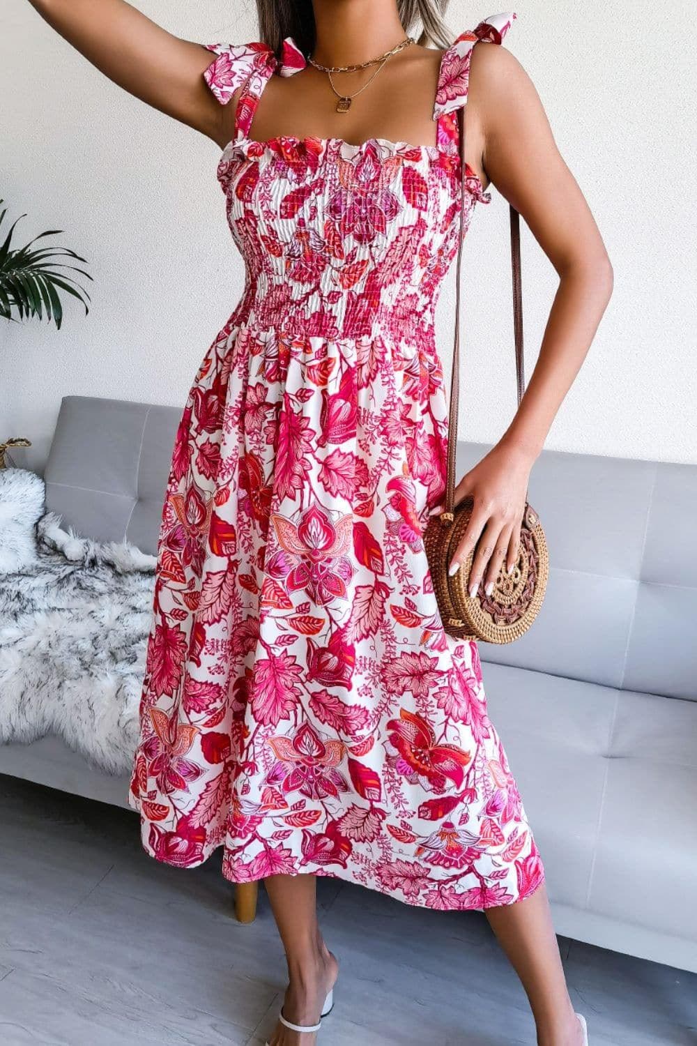 Floral Tie Shoulder Smocked Midi Dress - SwagglyLife Home & Fashion