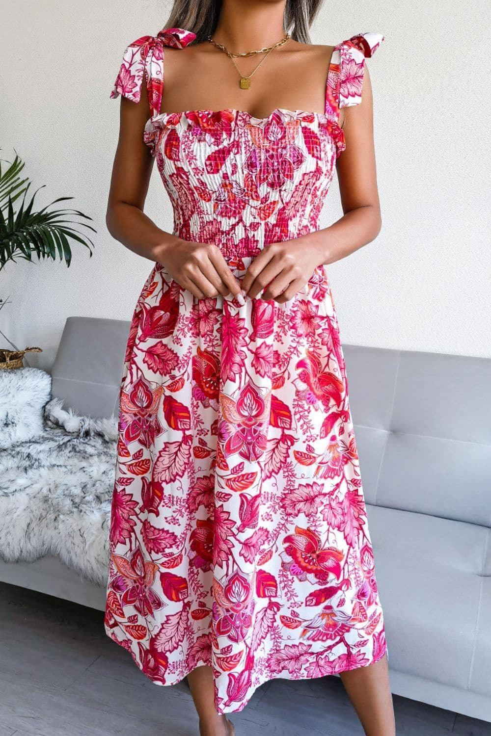 Floral Tie Shoulder Smocked Midi Dress - SwagglyLife Home & Fashion