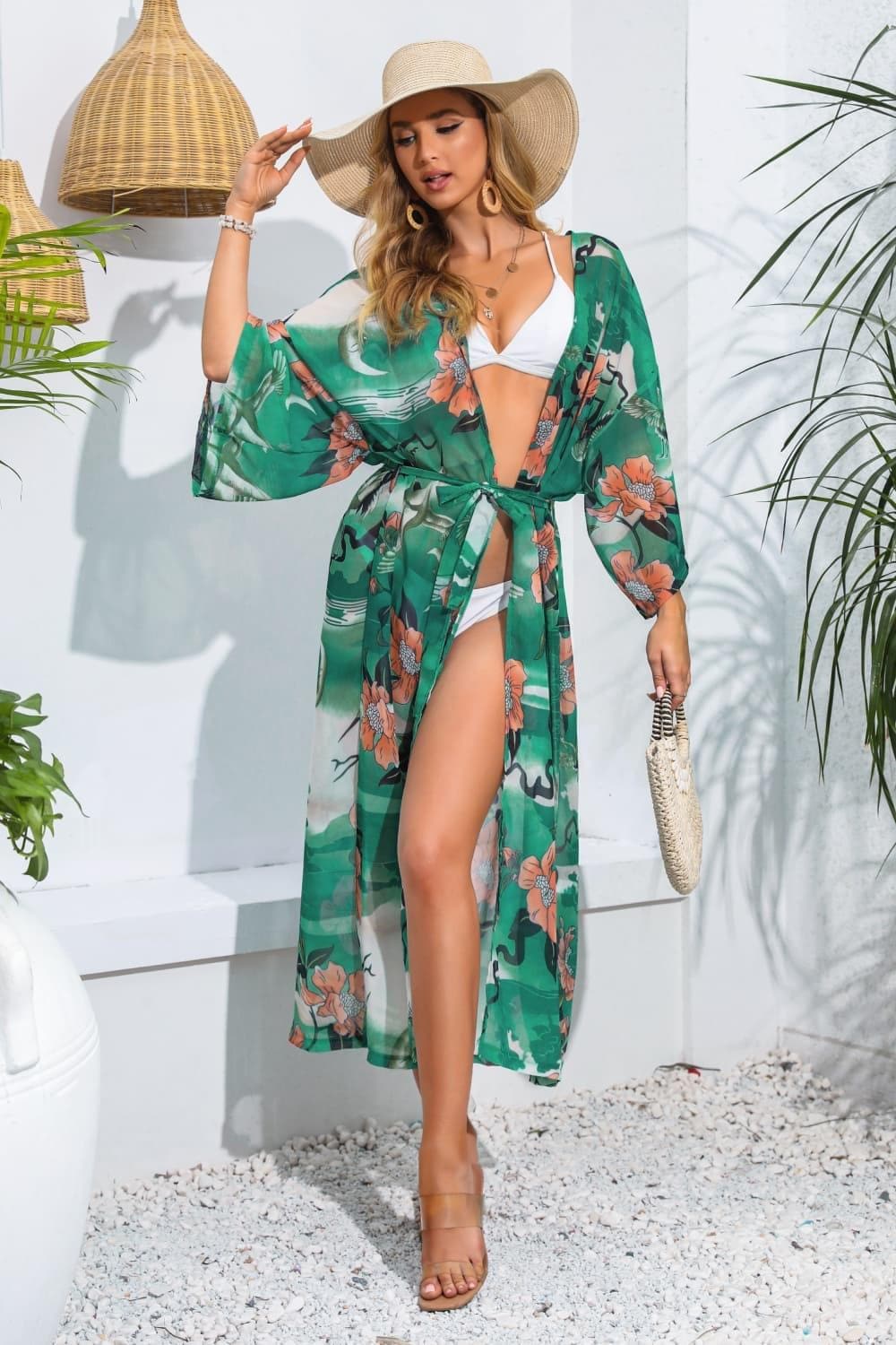 Floral Tie Waist Duster Cover Up - SwagglyLife Home & Fashion