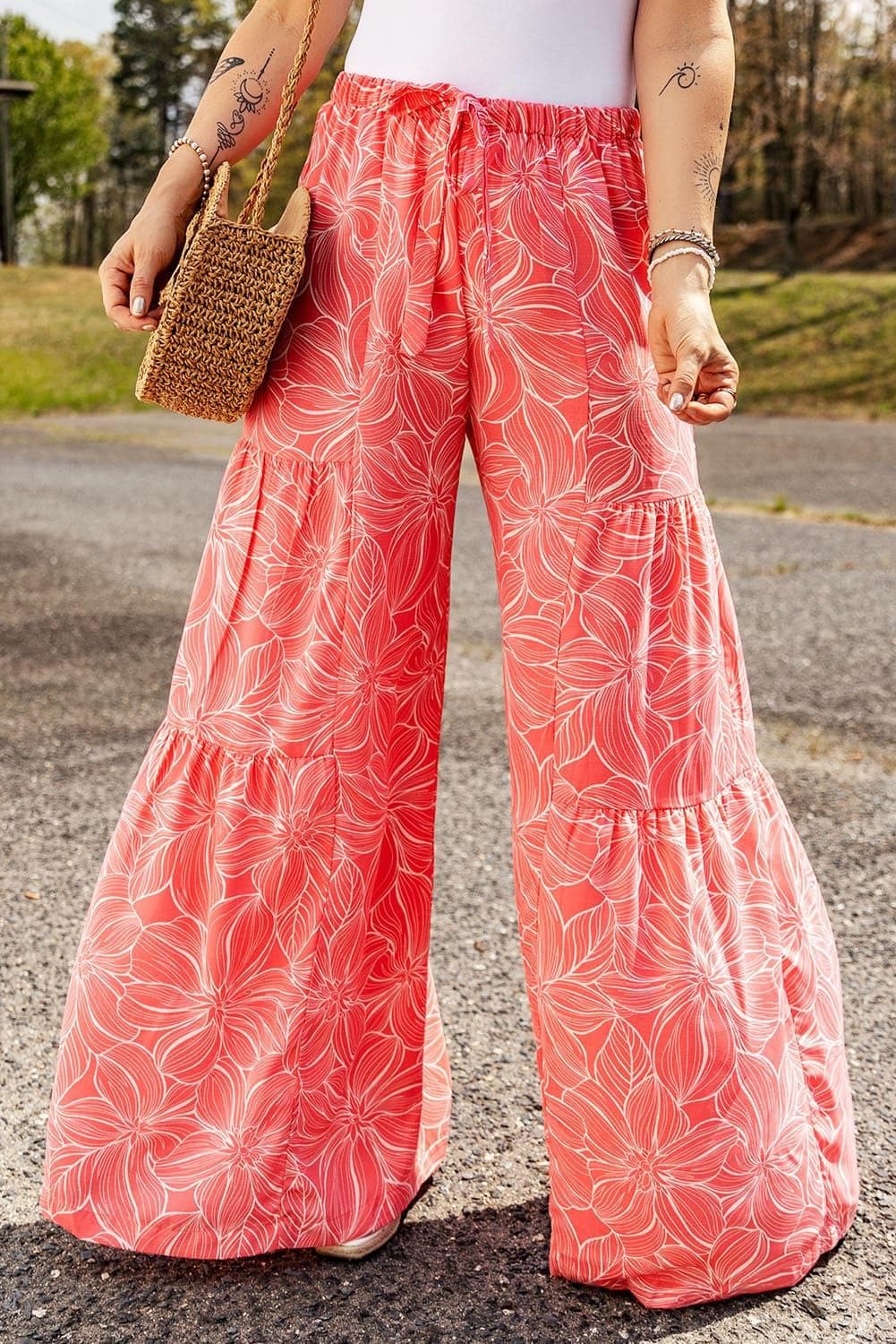 Floral Tiered Wide Leg Pants, Strawberry - SwagglyLife Home & Fashion