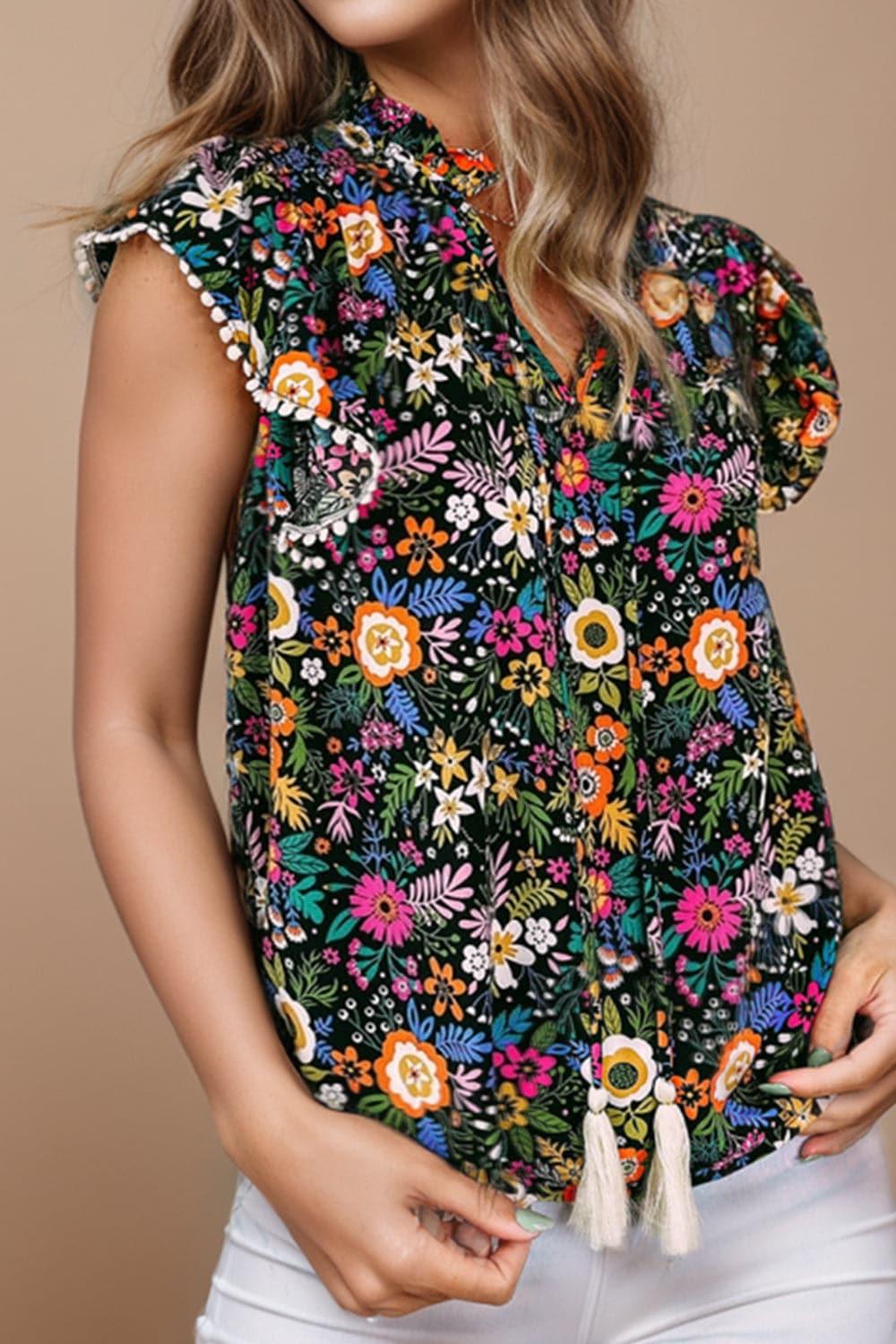 Flower Garden Tassel Printed Cap Sleeve Blouse - SwagglyLife Home & Fashion