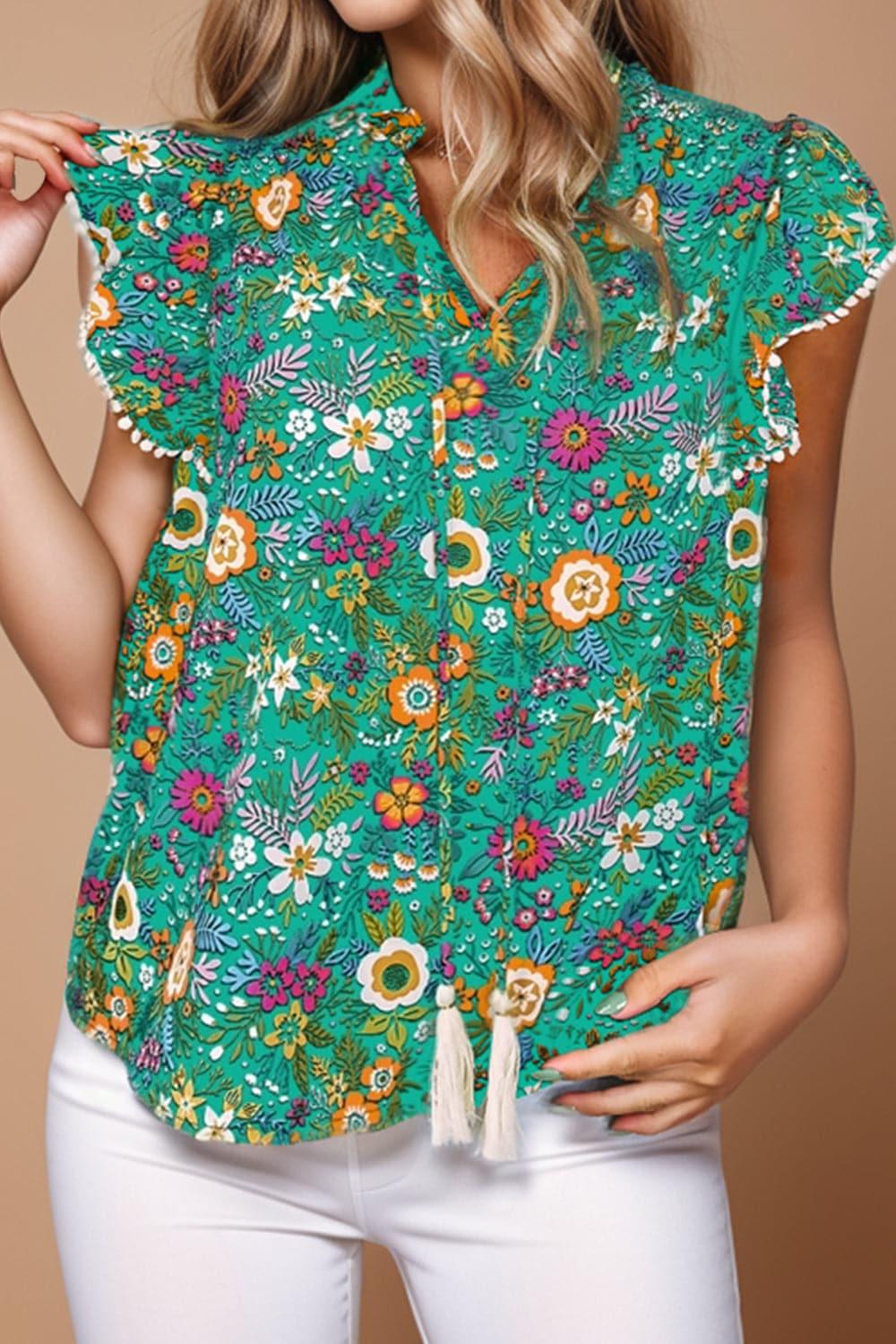 Flower Garden Tassel Printed Cap Sleeve Blouse - SwagglyLife Home & Fashion