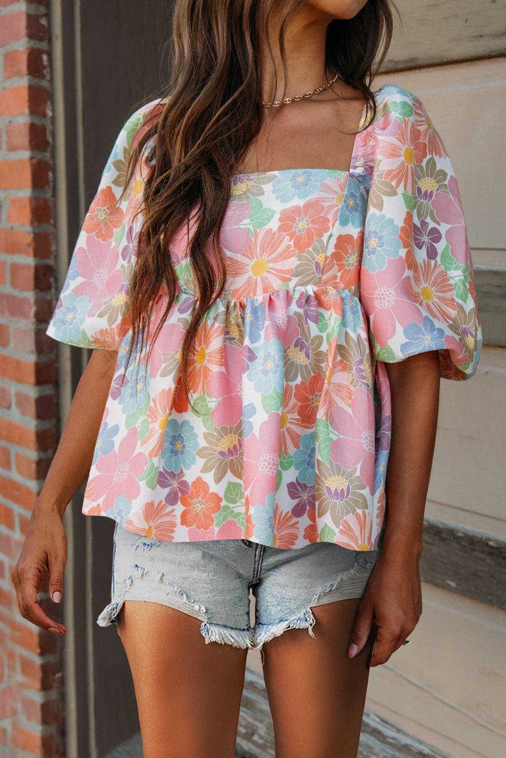 Flower Power Printed Square Neck Half Sleeve Blouse - SwagglyLife Home & Fashion