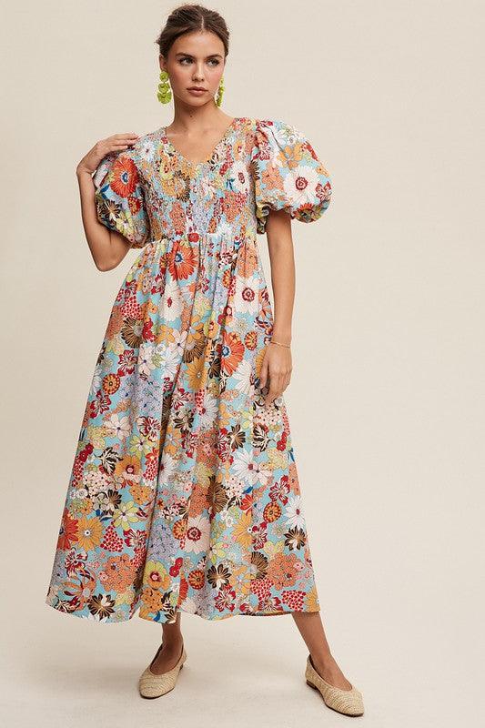 Flower Print Smocked V-neck Puff Sleeve Maxi Dress - SwagglyLife Home & Fashion