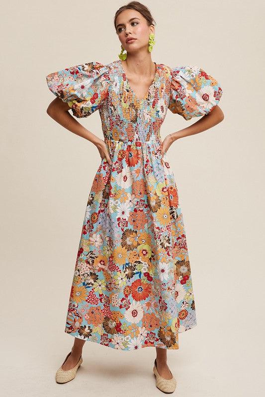 Flower Print Smocked V-neck Puff Sleeve Maxi Dress - SwagglyLife Home & Fashion