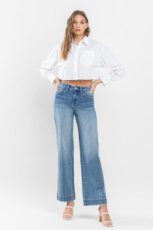 Flying Monkey High Rise Wide Leg Jeans with Trouser Hem Detail - SwagglyLife Home & Fashion