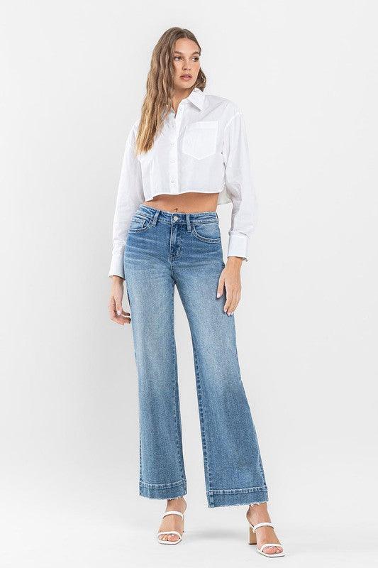 Flying Monkey High Rise Wide Leg Jeans with Trouser Hem Detail - SwagglyLife Home & Fashion