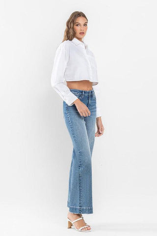 Flying Monkey High Rise Wide Leg Jeans with Trouser Hem Detail - SwagglyLife Home & Fashion