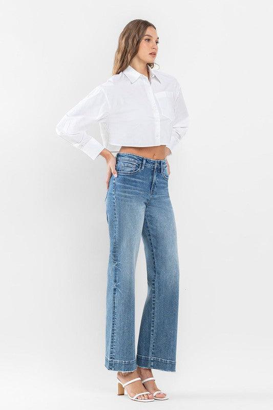 Flying Monkey High Rise Wide Leg Jeans with Trouser Hem Detail - SwagglyLife Home & Fashion