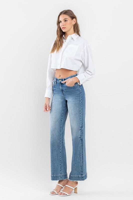 Flying Monkey High Rise Wide Leg Jeans with Trouser Hem Detail - SwagglyLife Home & Fashion