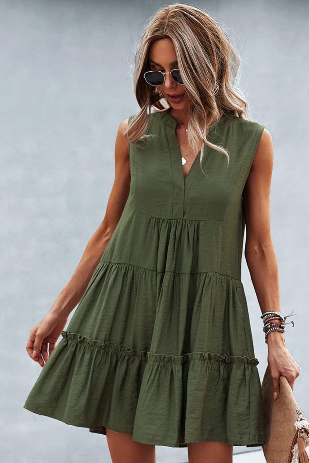 Frill Trim Notched Sleeveless Tiered Dress - SwagglyLife Home & Fashion