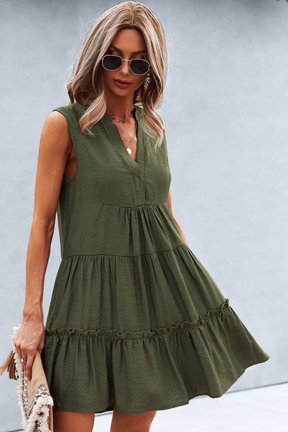 Frill Trim Notched Sleeveless Tiered Dress - SwagglyLife Home & Fashion
