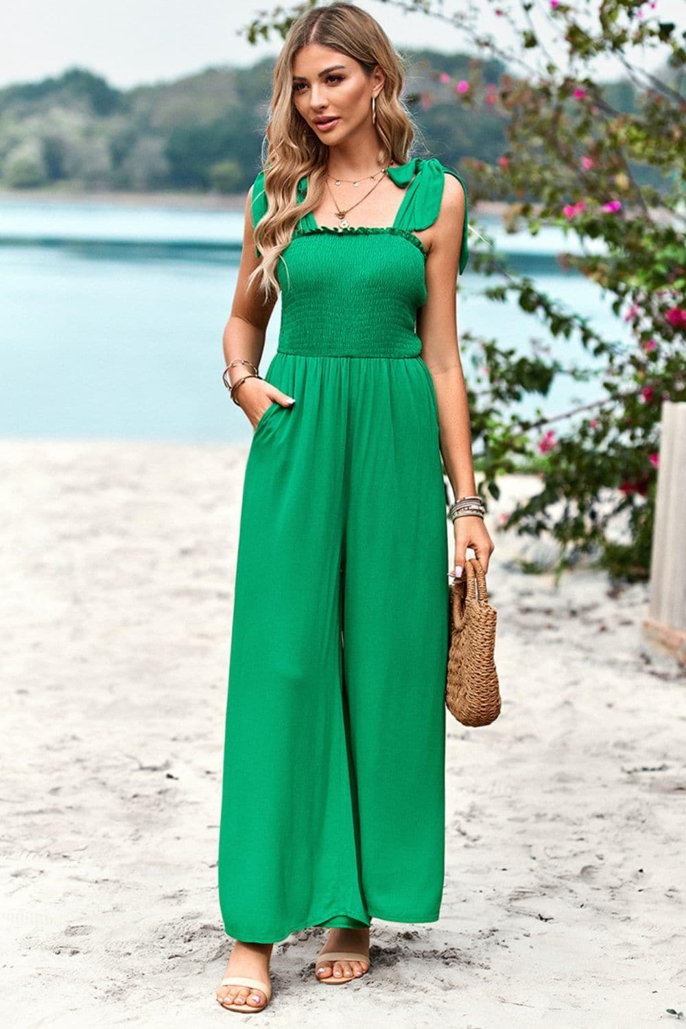 Frill Trim Tie Shoulder Wide Leg Jumpsuit with Pockets - SwagglyLife Home & Fashion