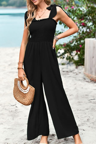 Frill Trim Tie Shoulder Wide Leg Jumpsuit with Pockets - SwagglyLife Home & Fashion