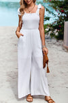 Frill Trim Tie Shoulder Wide Leg Jumpsuit with Pockets - SwagglyLife Home & Fashion