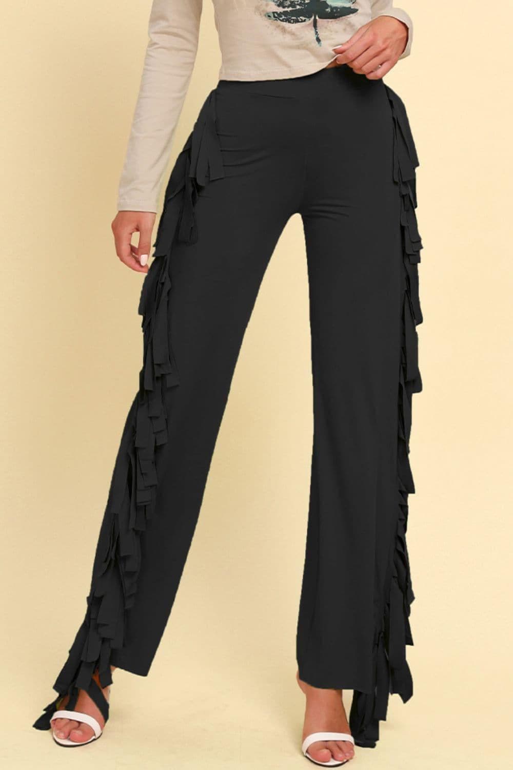 Fringe Trim Wide Leg Pants - SwagglyLife Home & Fashion