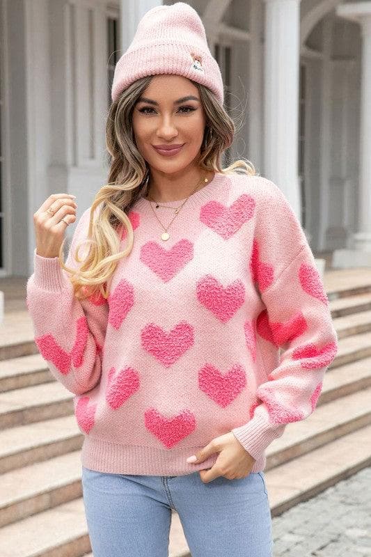 Fuzzy Heart Pink Knit Sweater Valentine - SwagglyLife Home & Fashion