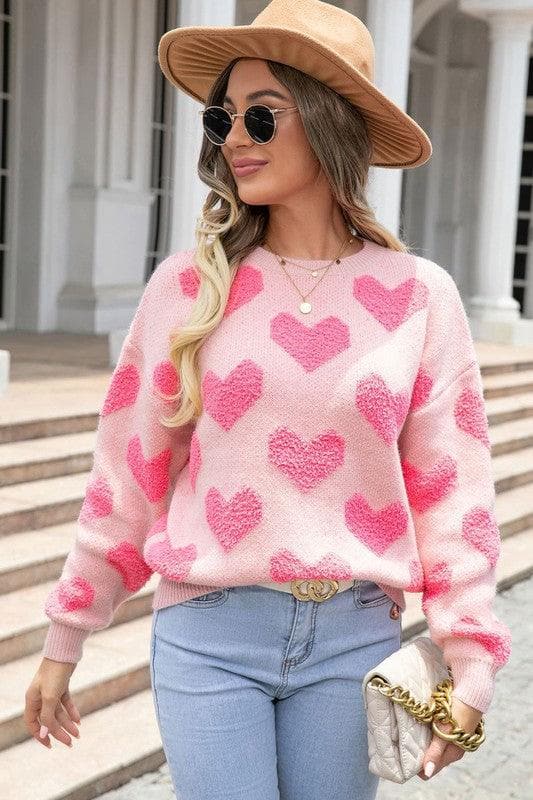 Fuzzy Heart Pink Knit Sweater Valentine - SwagglyLife Home & Fashion