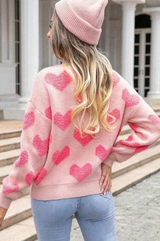 Fuzzy Heart Pink Knit Sweater Valentine - SwagglyLife Home & Fashion