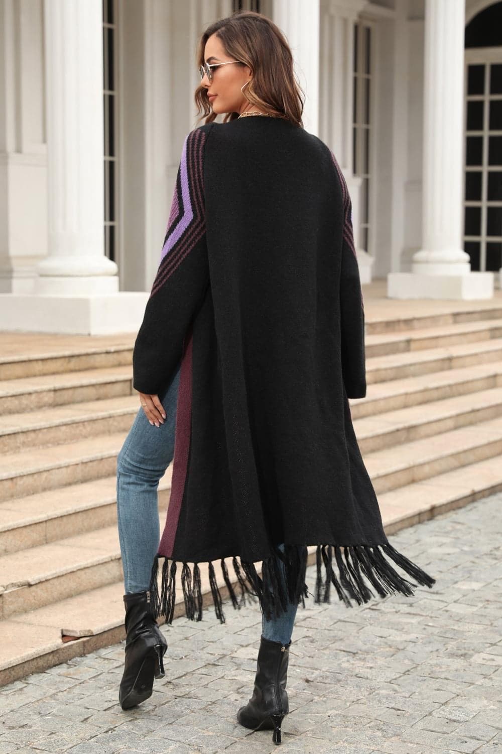 Geometric Fringe Hem Open Front Duster Cardigan, Multiple Colors - SwagglyLife Home & Fashion