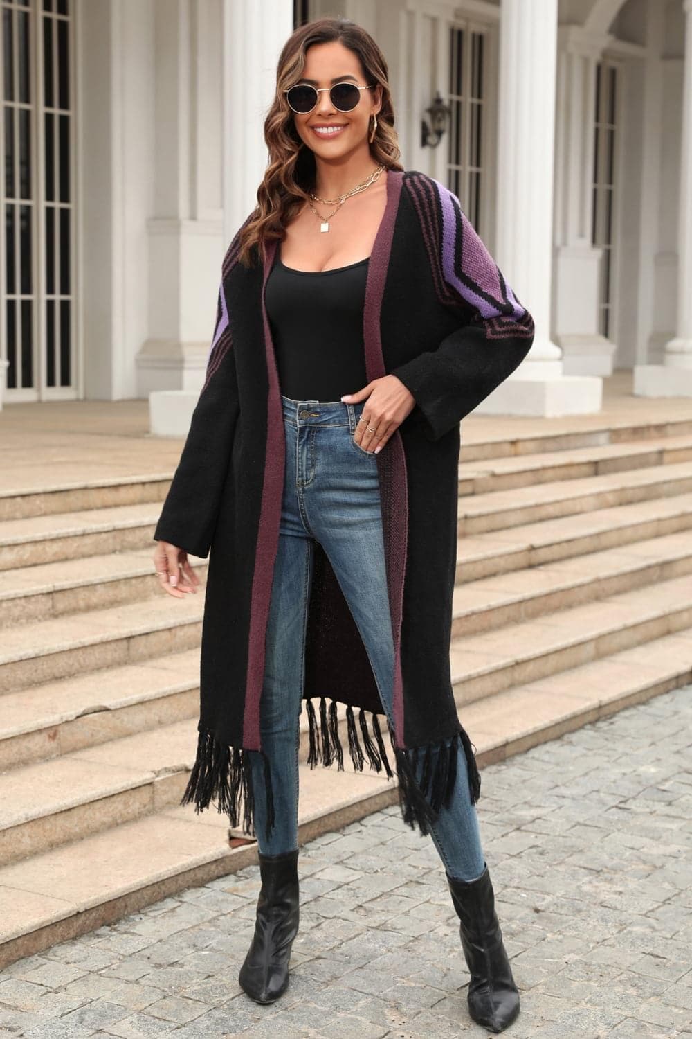 Geometric Fringe Hem Open Front Duster Cardigan, Multiple Colors - SwagglyLife Home & Fashion