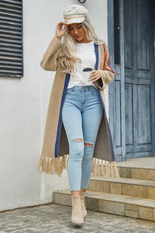 Geometric Fringe Hem Open Front Duster Cardigan, Multiple Colors - SwagglyLife Home & Fashion