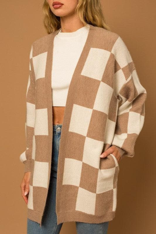 GILLI Checker Graphic Sweater Cardigan - SwagglyLife Home & Fashion